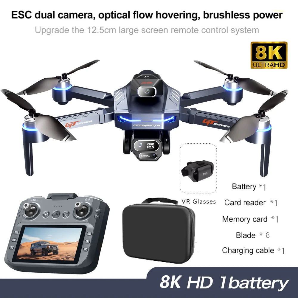 GT8 Drone 8K Ultra HD Dual Cameras 4.3 Inch Screen Remote Control Obstacle Avoidance Optical Flow Brushless Motors Foldable Toys