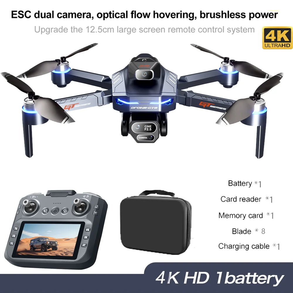 GT8 Drone 8K Ultra HD Dual Cameras 4.3 Inch Screen Remote Control Obstacle Avoidance Optical Flow Brushless Motors Foldable Toys