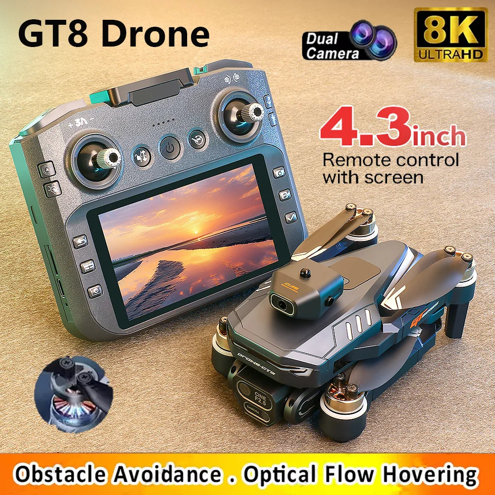 GT8 Drone 8K Ultra HD Dual Cameras 4.3 Inch Screen Remote Control Obstacle Avoidance Optical Flow Brushless Motors Foldable Toys
